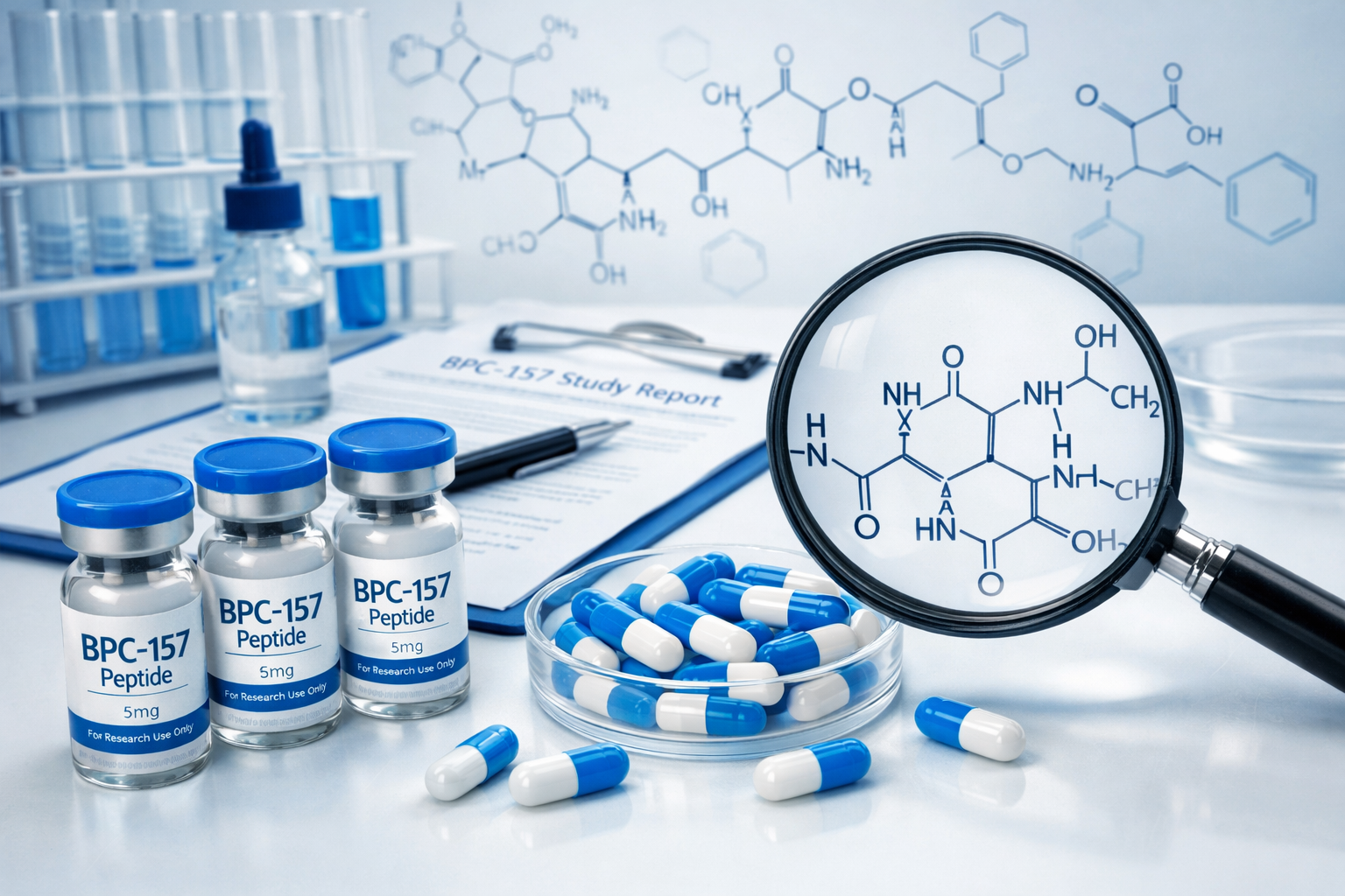 Scientific laboratory scene showing BPC-157 peptide vials and capsules arranged on sterile white surface with molecular structure diagrams i