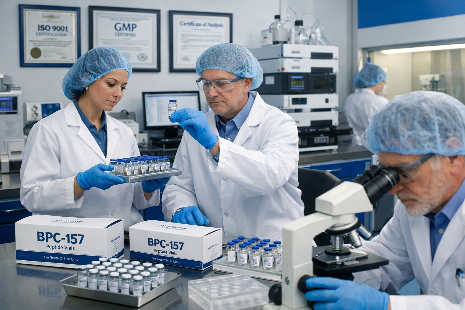 Research facility interior with scientists in lab coats examining BPC-157 samples, quality testing equipment, certification documents on wal