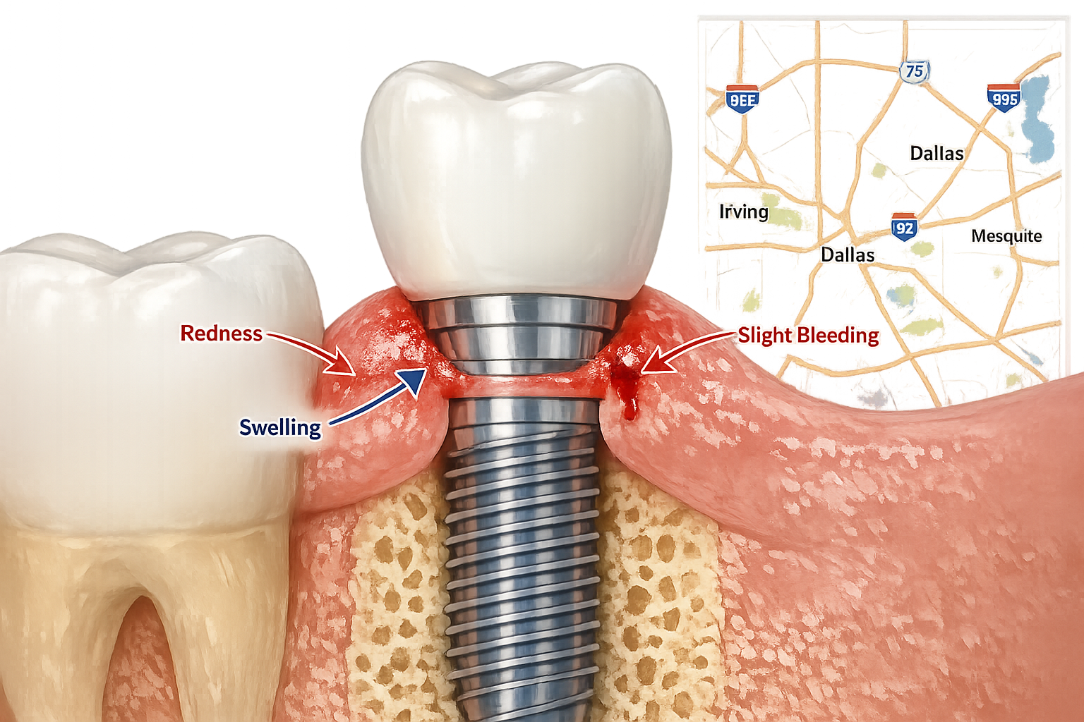 Detailed landscape format (1536x1024) image showing a close-up, medically accurate illustration of a dental implant with early signs of peri