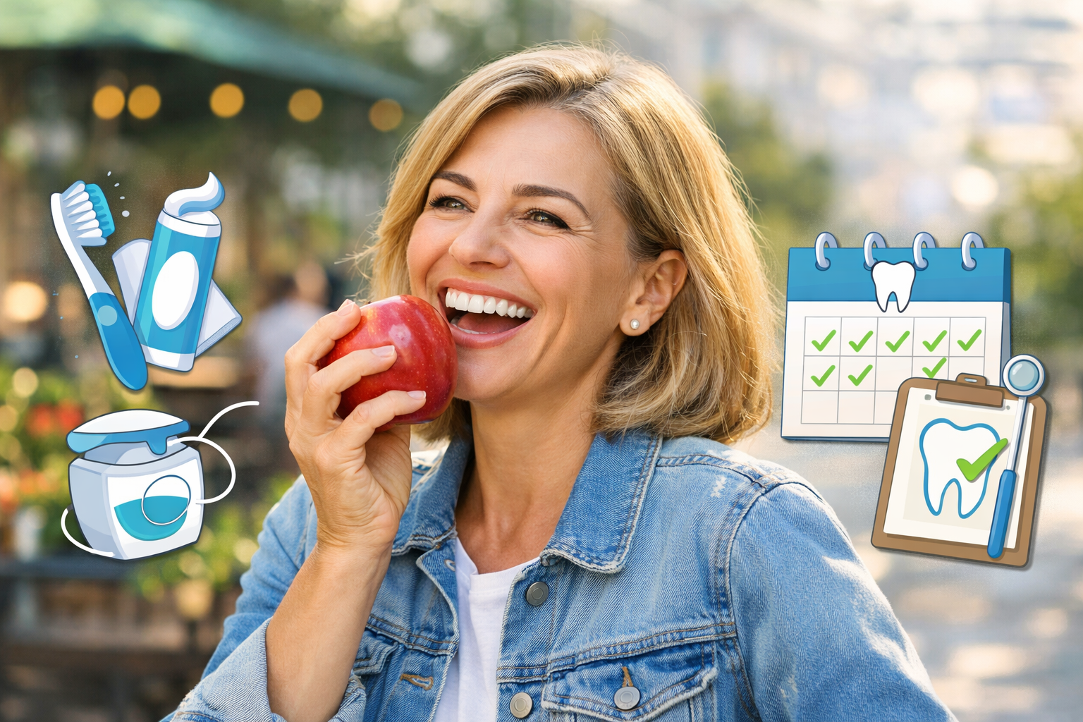 Detailed landscape format (1536x1024) image depicting a person with a bright, healthy smile, confidently going about their daily life (e.g.,