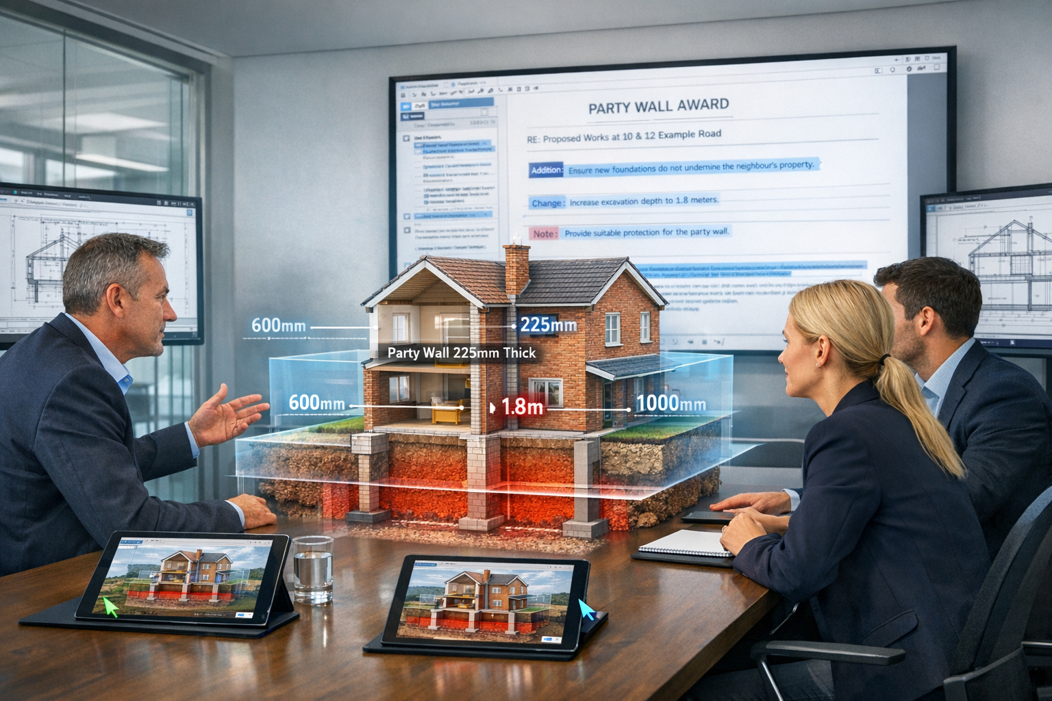Wide-angle () image depicting professional meeting room scene with large wall-mounted 4K display showing interactive party