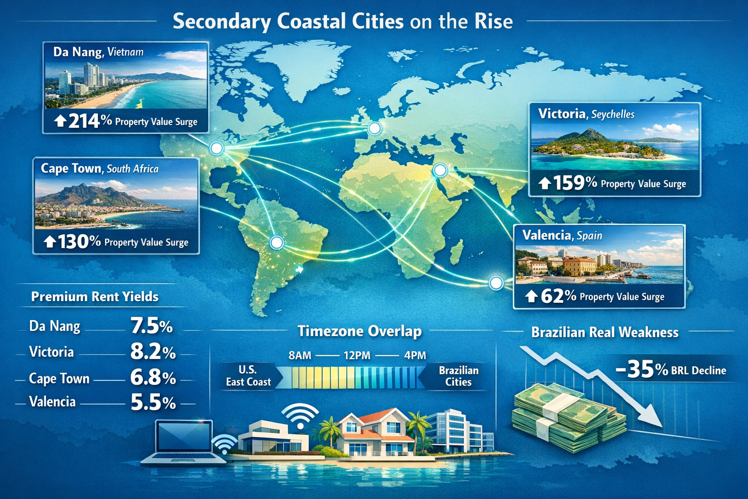 () detailed infographic showing secondary coastal cities map with growth statistics: Da Nang Vietnam +214%, Victoria