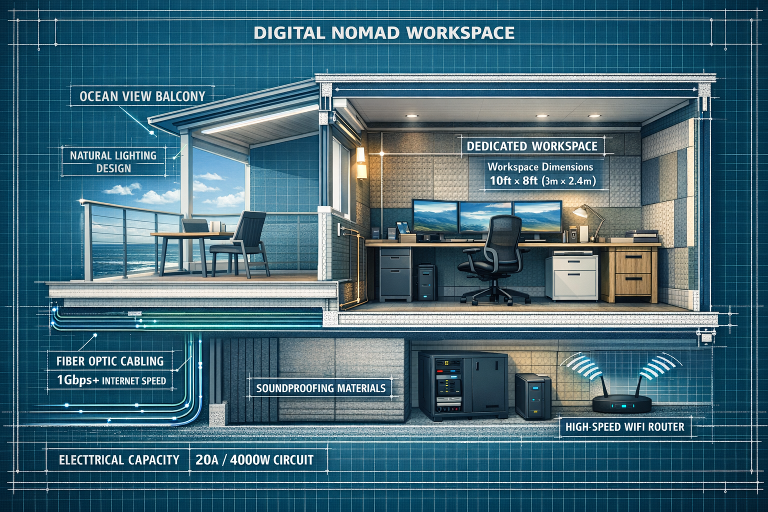 () architectural cross-section illustration of modern office-ready property designed for digital nomads: showing fiber optic