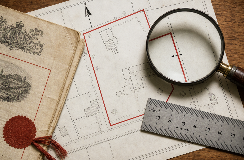 Close-up aerial-style flat-lay photograph on a wooden desk showing a Land Registry title plan with red boundary edging at
