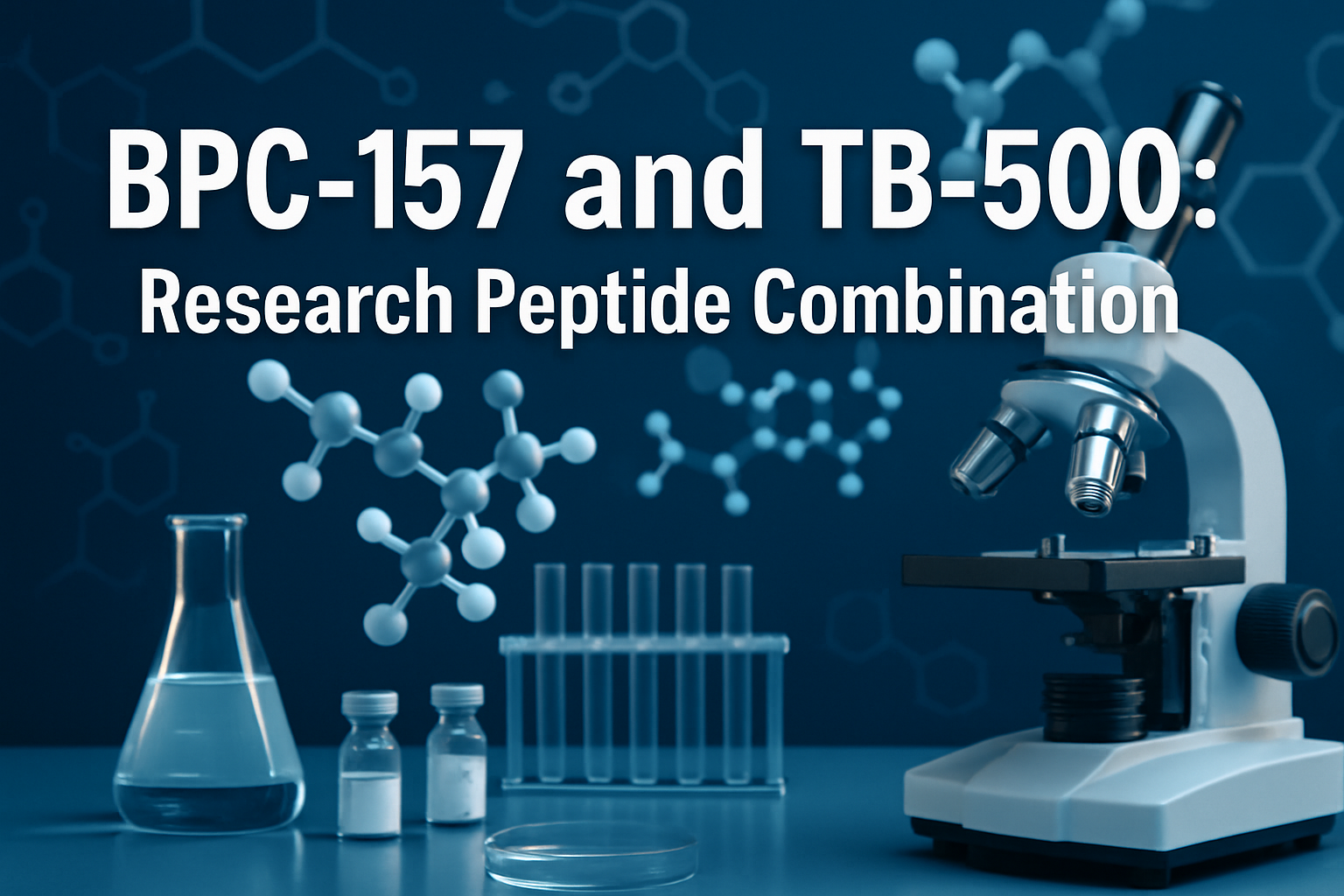 Professional landscape hero image (1536x1024) featuring bold text overlay 'BPC-157 and TB-500: Research Peptide Combination' in extra large 