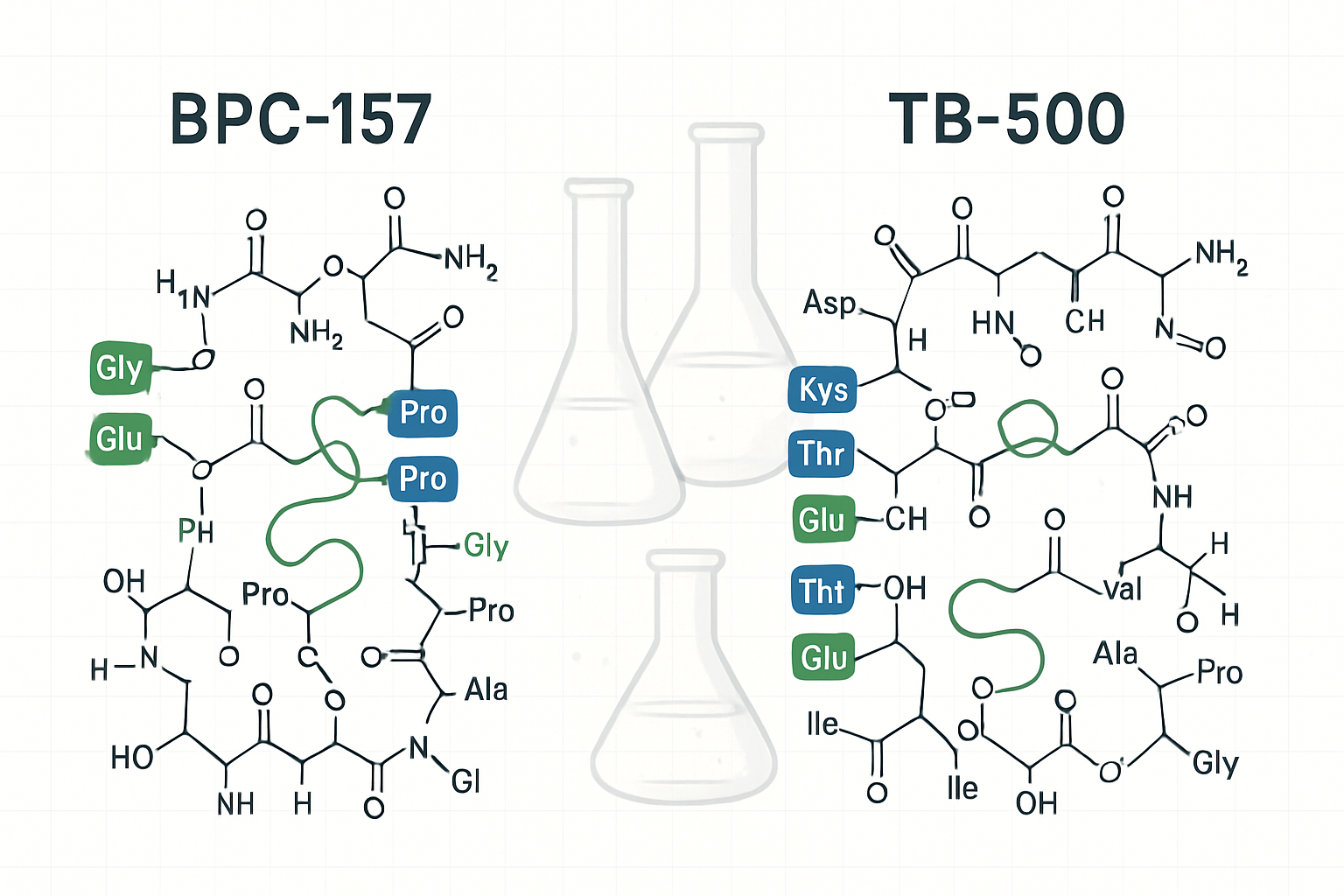 Scientific illustration showing BPC-157 and TB-500 molecular structures side by side with detailed peptide chain diagrams, amino acid sequen