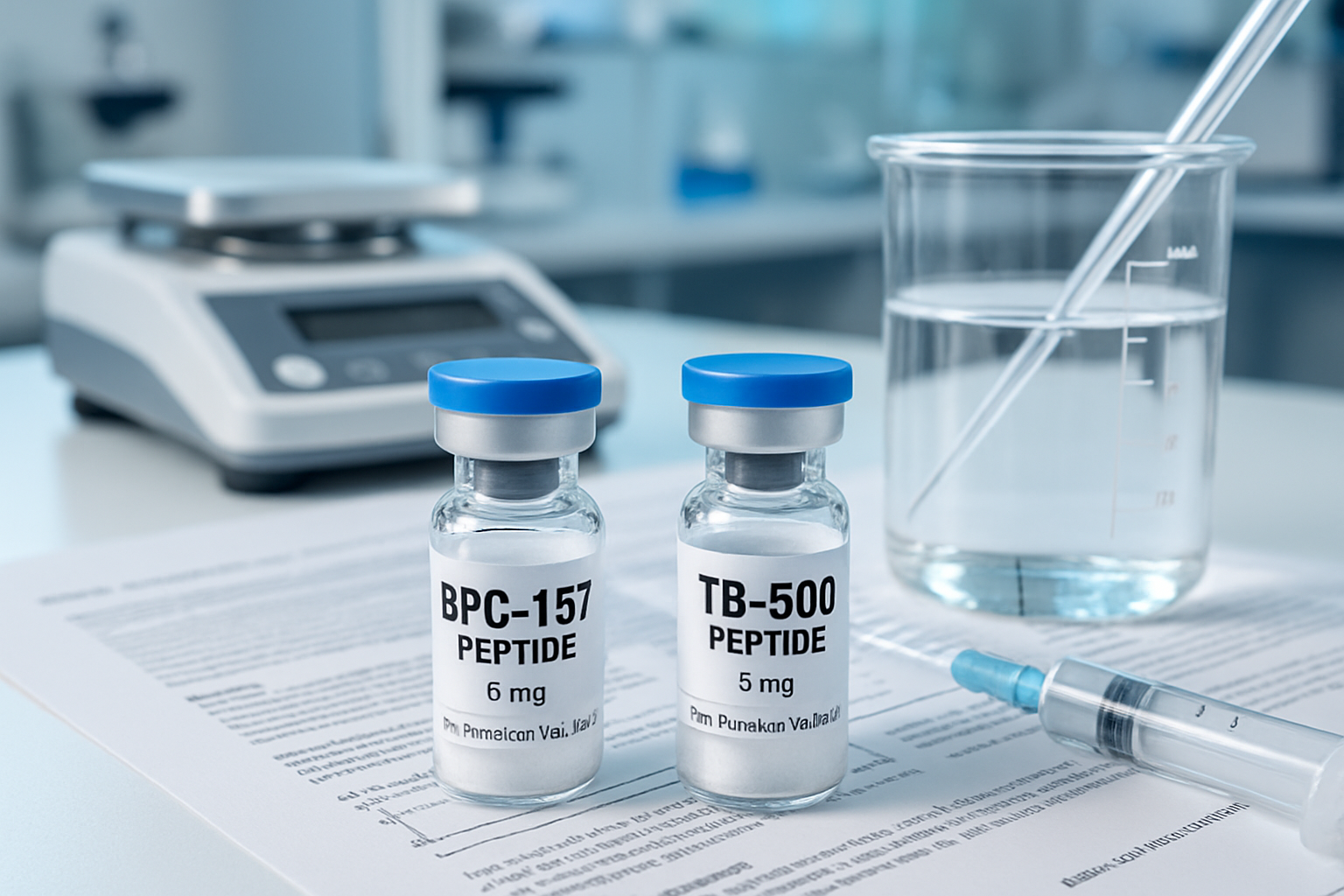 Research laboratory scene featuring peptide vials labeled BPC-157 and TB-500, precision scales, reconstitution equipment, sterile environmen