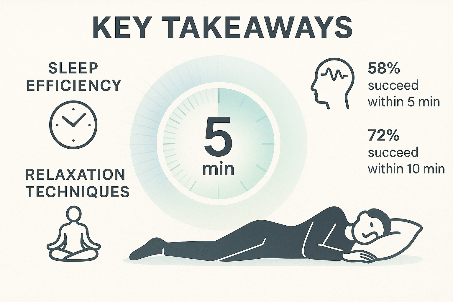 Editorial infographic visualizing 'Key Takeaways' for falling asleep within 5 minutes, featuring minimalist icons representing sleep efficie