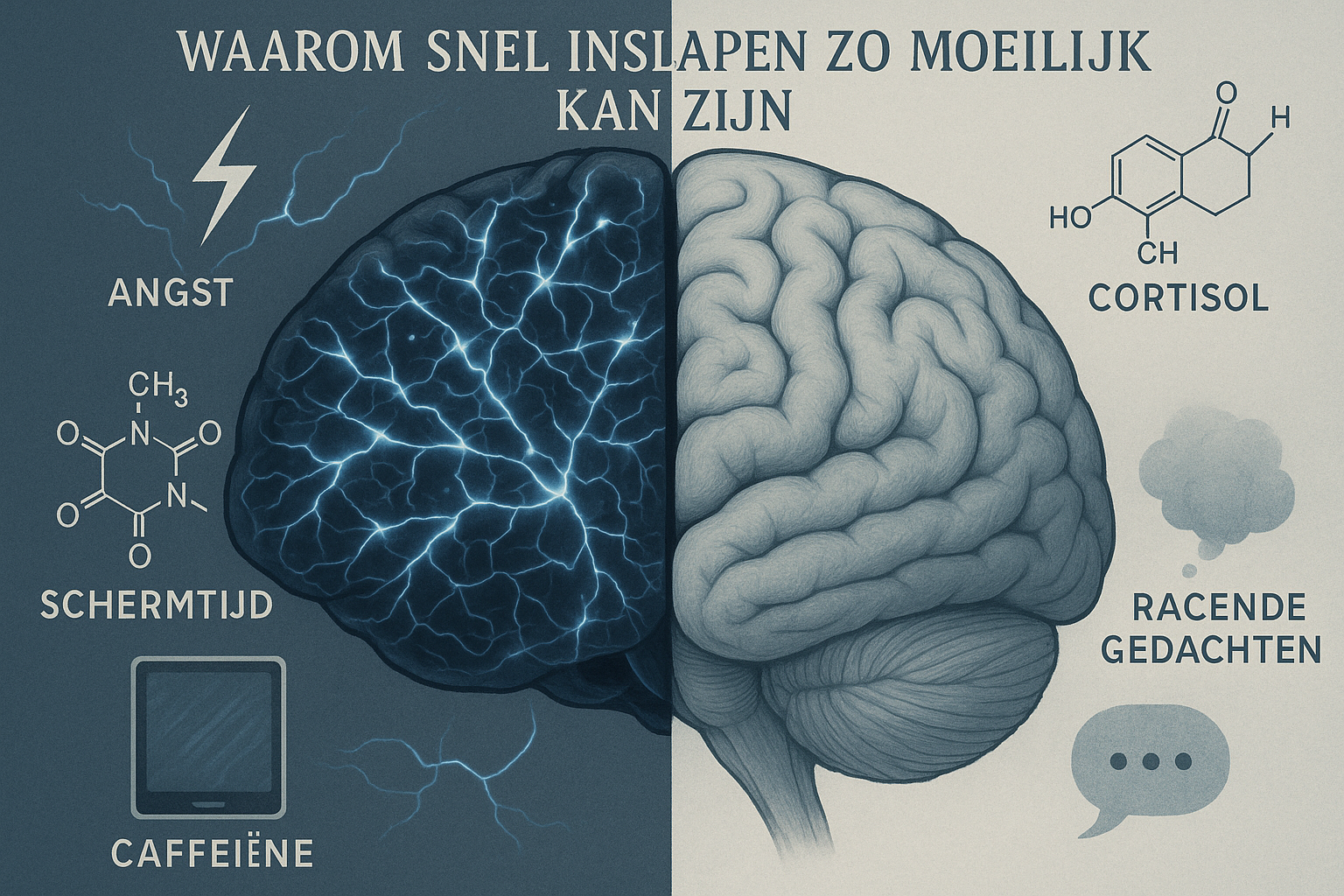 Dramatic psychological visualization exploring 'Waarom Snel Inslapen Zo Moeilijk Kan Zijn', depicting human brain cross-section with illumin