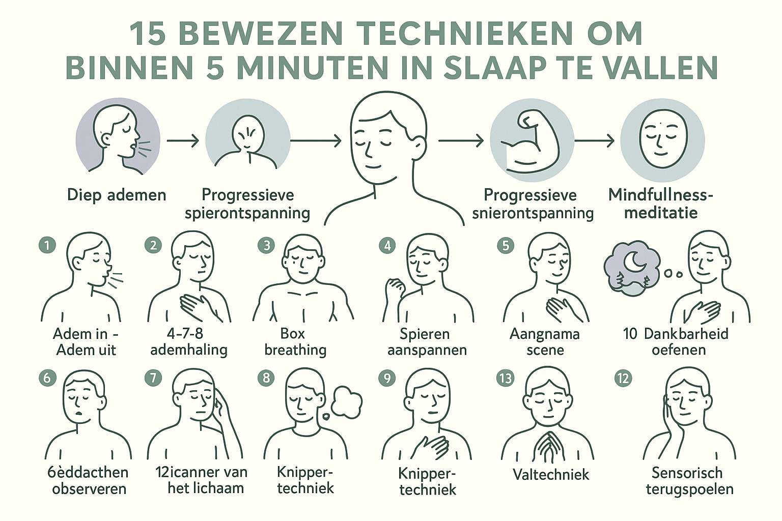 Comprehensive instructional graphic presenting '15 Bewezen Technieken om Binnen 5 Minuten in Slaap te Vallen', featuring step-by-step visual
