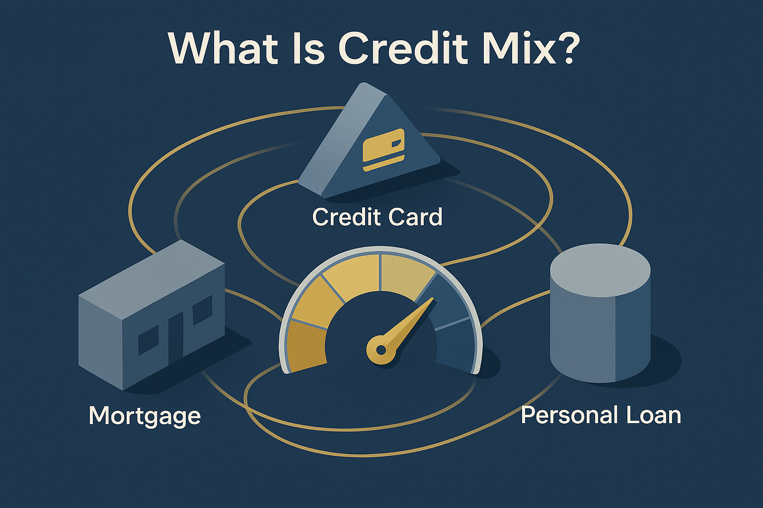 Conceptual educational visualization for 'What Is Credit Mix?' section. Isometric graphic showing interconnected credit account types as 3D 
