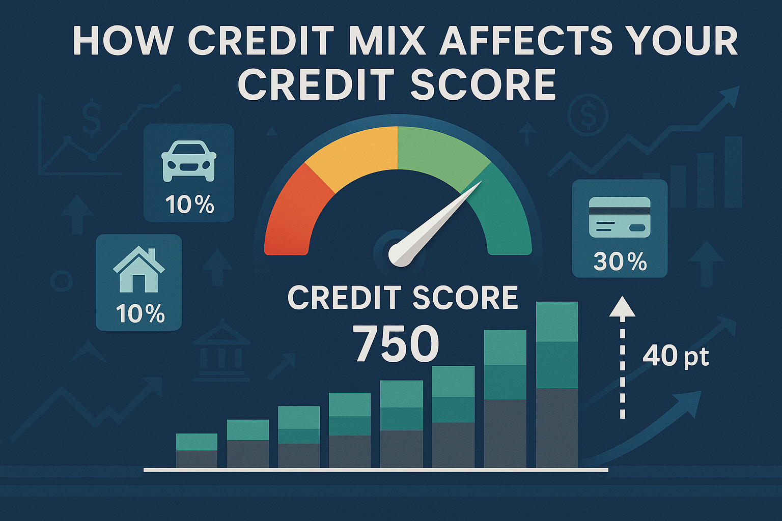 Detailed credit score impact visualization for 'How Credit Mix Affects Your Credit Score' section. Layered bar graph showing credit score pr