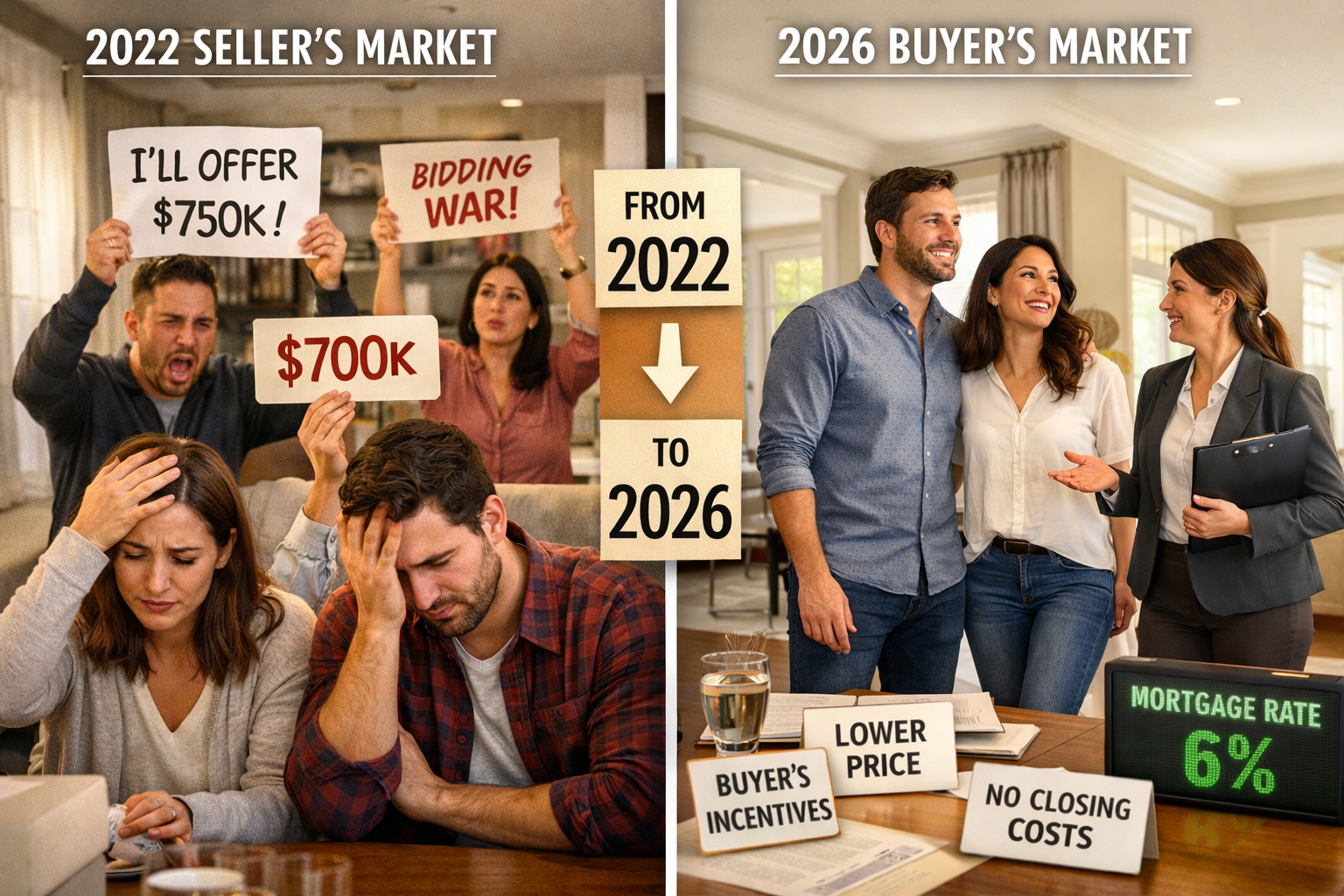 () split-screen composition showing contrast between 2022 seller's market (left side: bidding war scene with multiple