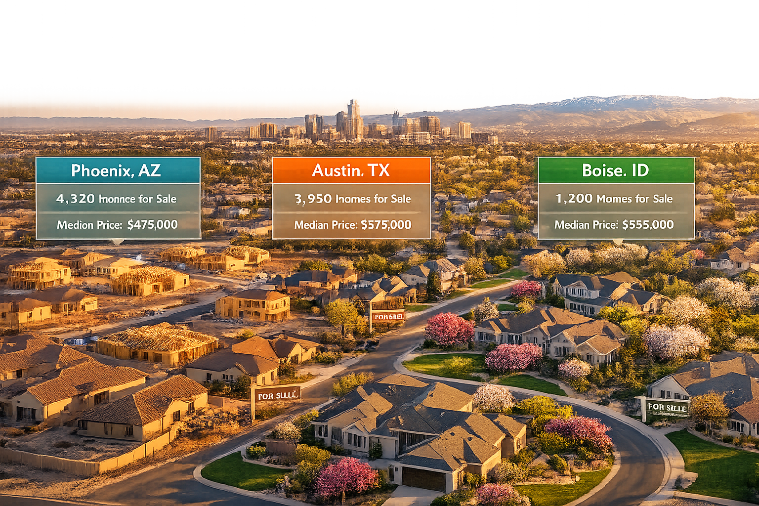 () aerial drone photography of diverse Sun Belt and Western metro neighborhoods showing new construction developments,