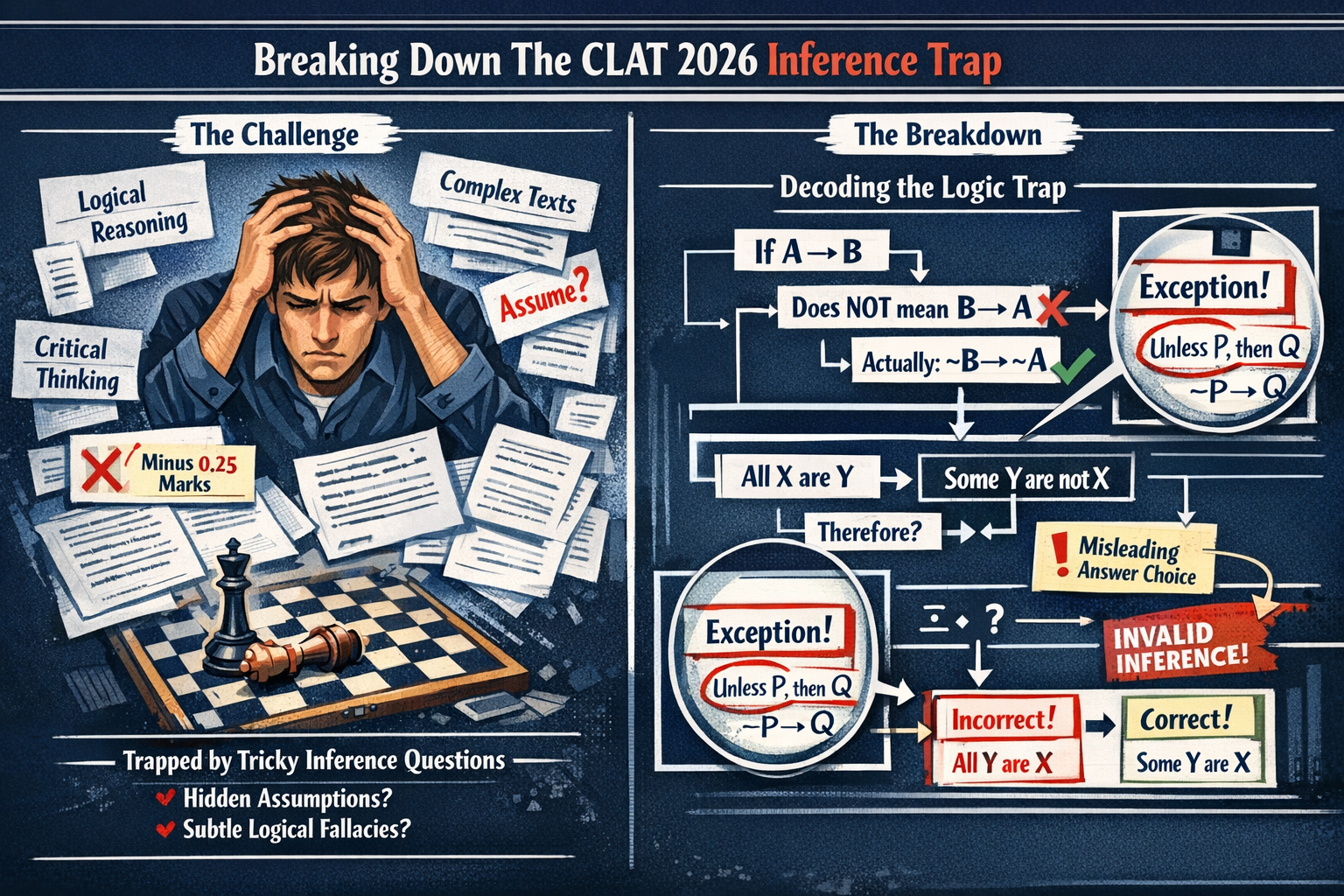 Editorial-style infographic visualizing 'Breaking Down The CLAT 2026 Inference Trap' with a split-screen layout. Left side