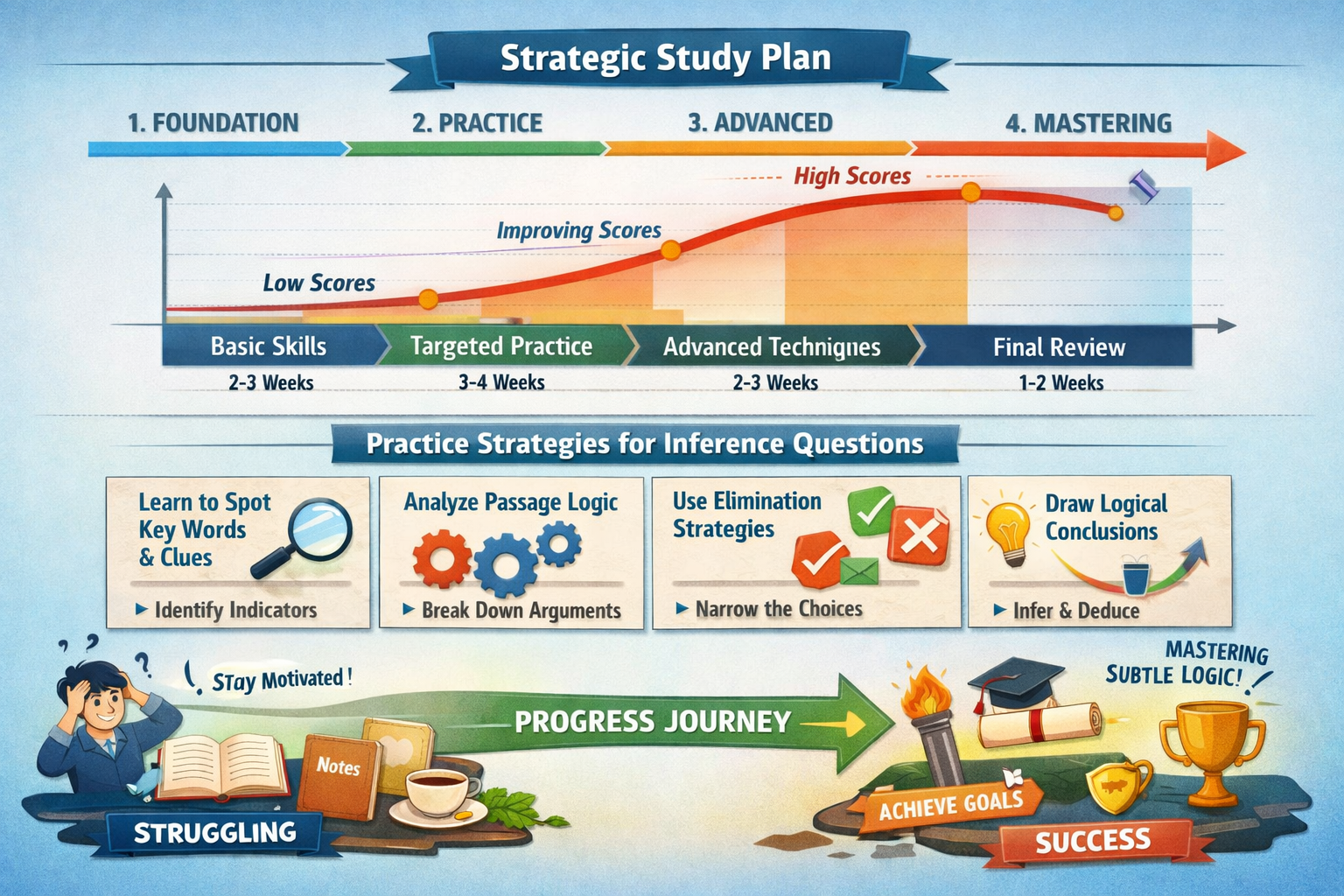 () strategic study planning visual showing a timeline with different preparation phases, mock test score improvement curves,