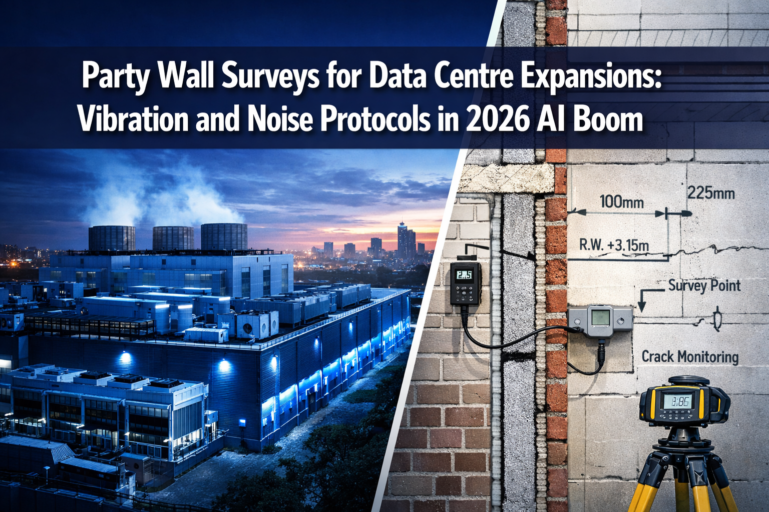 Professional () hero image featuring 'Party Wall Surveys for Data Centre Expansions: Vibration and Noise Protocols in 2026