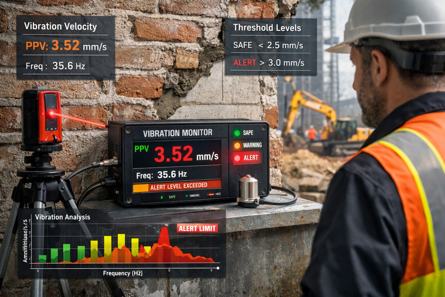 Detailed () image showing close-up of professional surveyor in high-visibility vest and hard hat conducting vibration