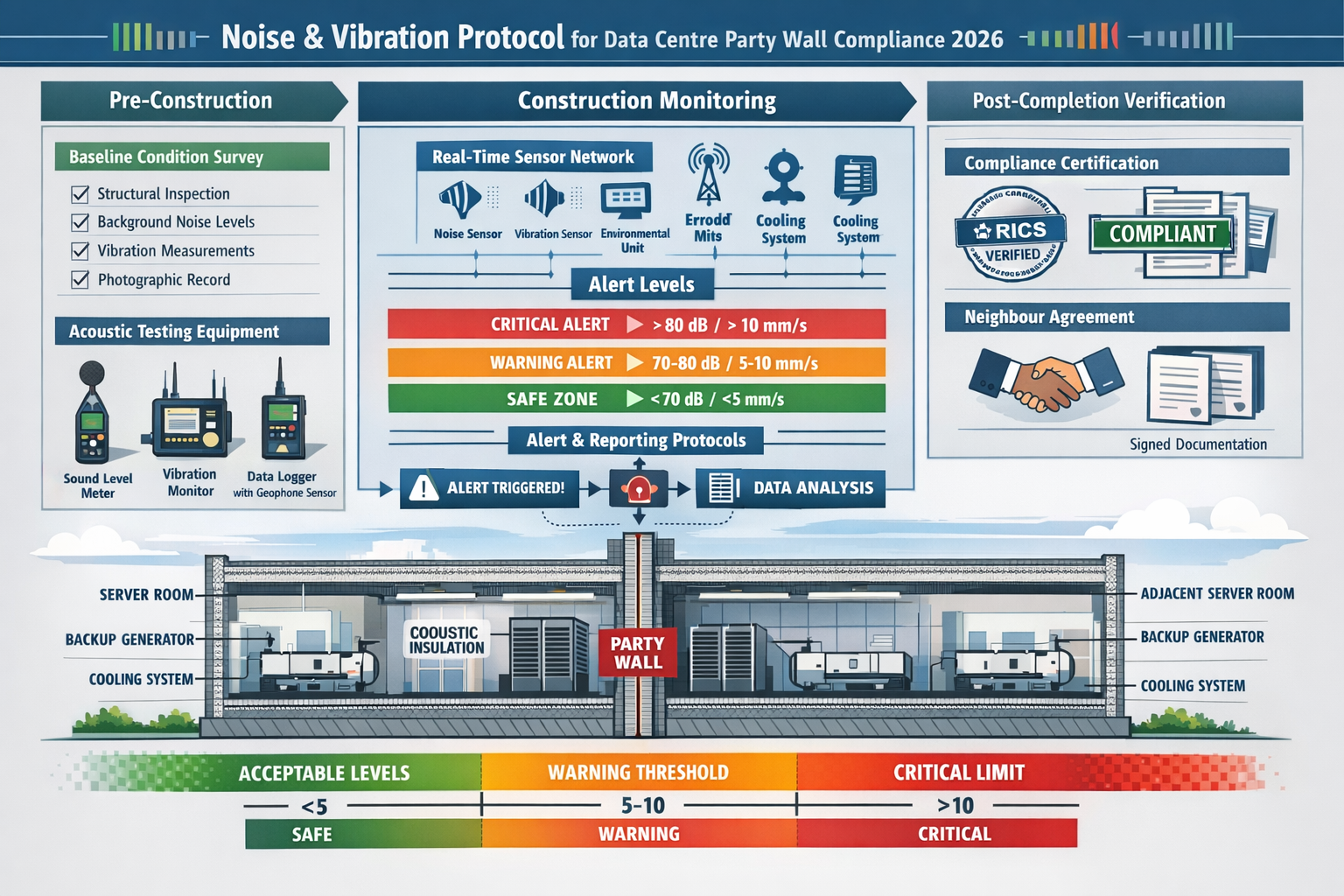 Detailed () technical infographic illustration showing comprehensive noise and vibration protocol workflow for data centre