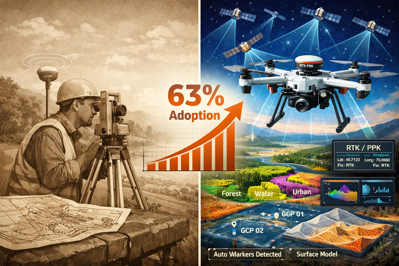 Landscape format (1536x1024) detailed illustration showing the evolution of surveying technology from traditional methods to AI-powered sate