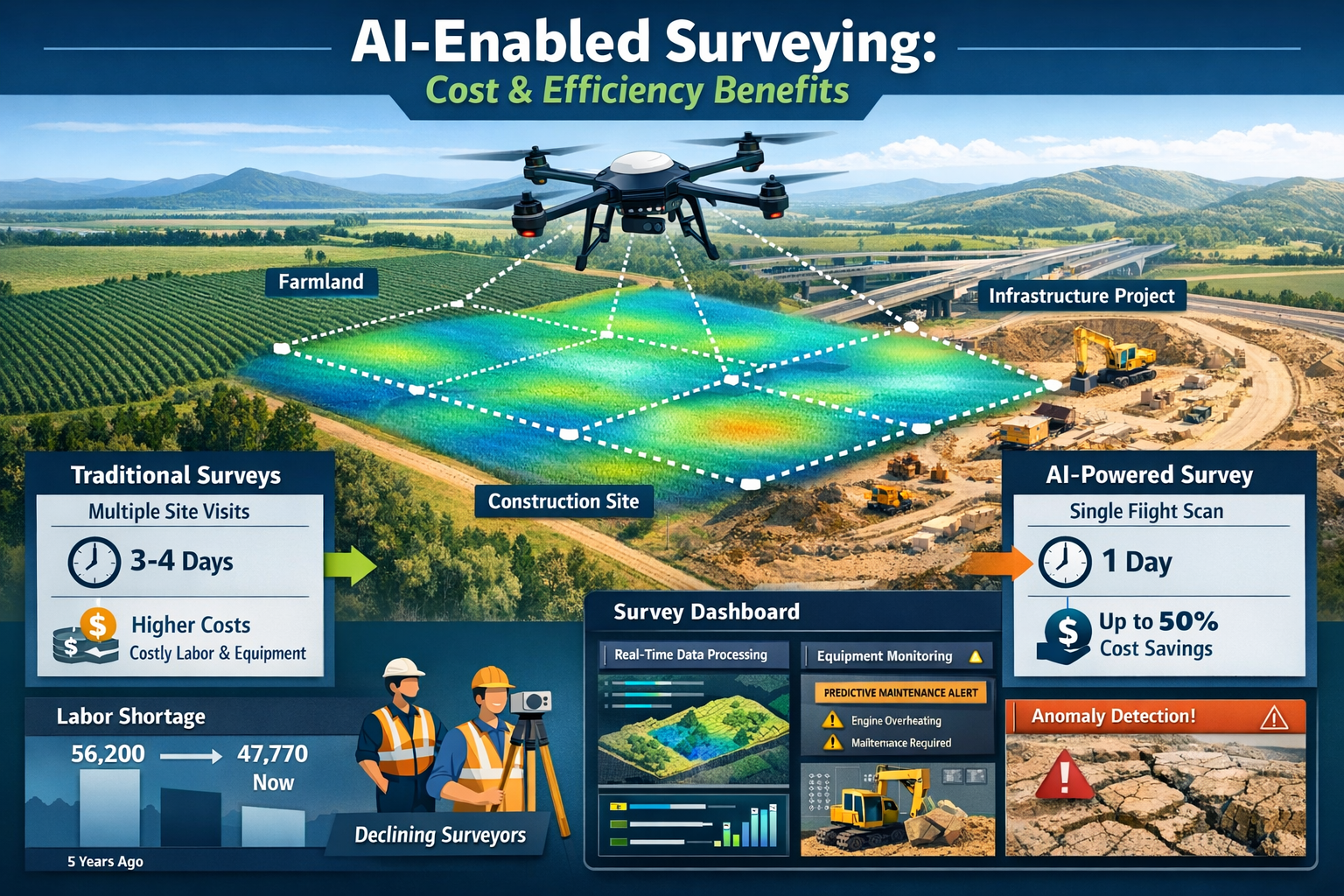 Landscape format (1536x1024) comprehensive infographic displaying cost efficiency and operational benefits of AI-enabled surveying. Central 