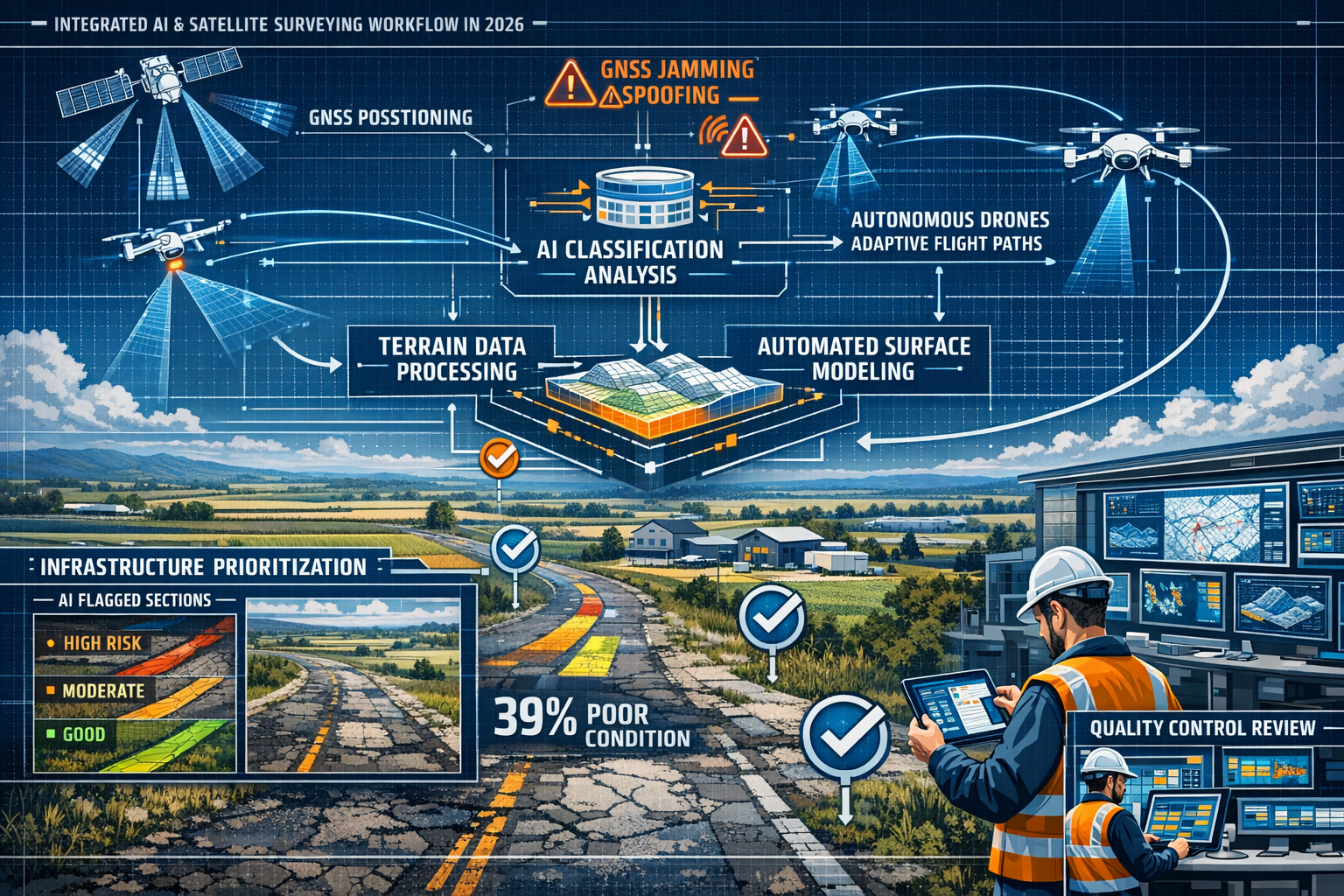 Landscape format (1536x1024) futuristic visualization of integrated AI and satellite surveying workflow in 2026. Main composition shows tran