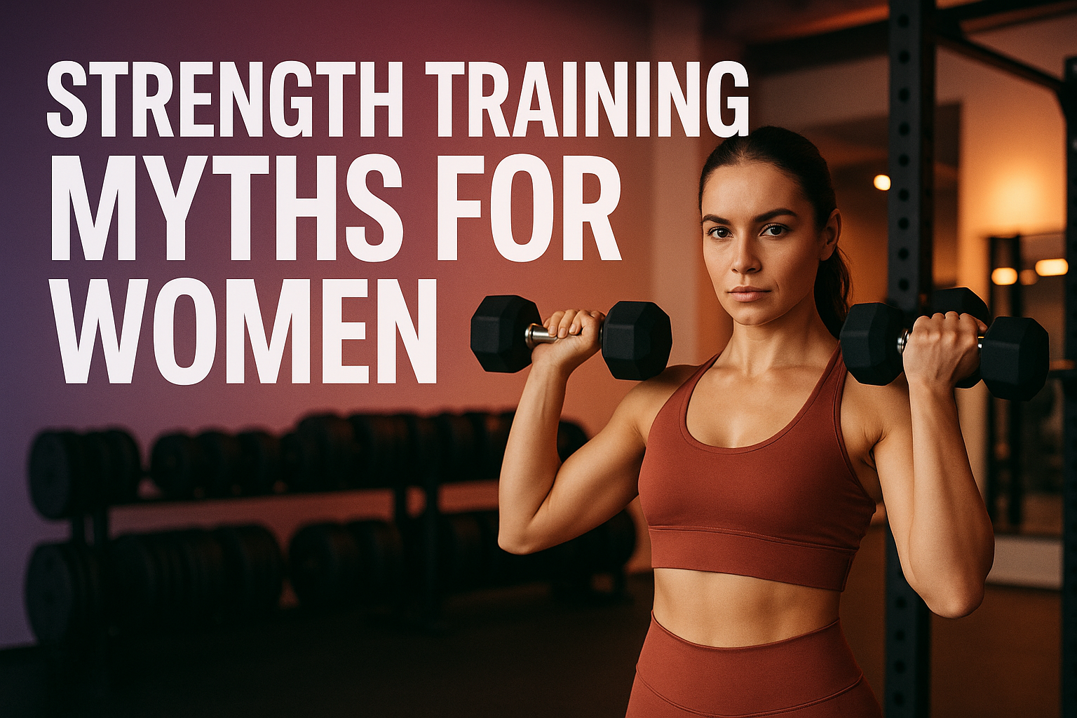 Professional landscape hero image (1536x1024) featuring bold text overlay 'Strength Training Myths for Women' in extra large 72pt white sans