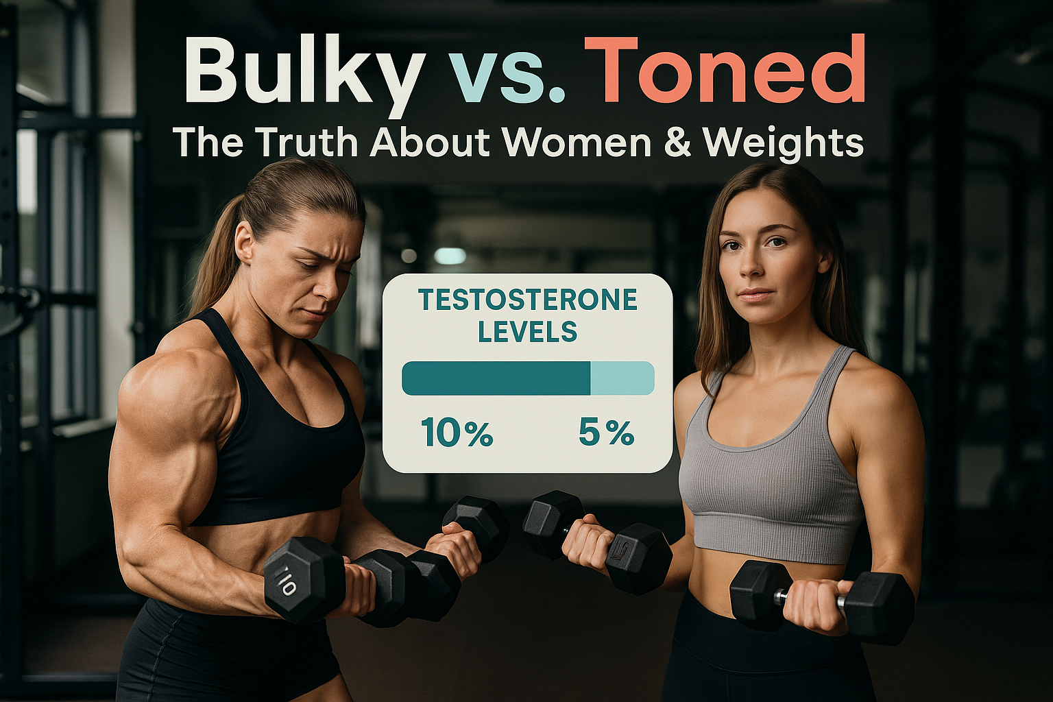 Editorial landscape image (1536x1024) showing side-by-side comparison of female bodybuilder versus toned fitness woman, both holding dumbbel