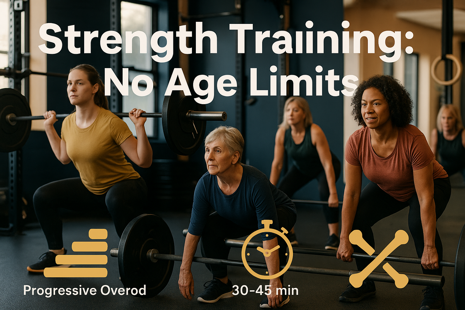 Editorial landscape image (1536x1024) depicting diverse group of women of different ages (20s through 60s) performing compound lifts includi