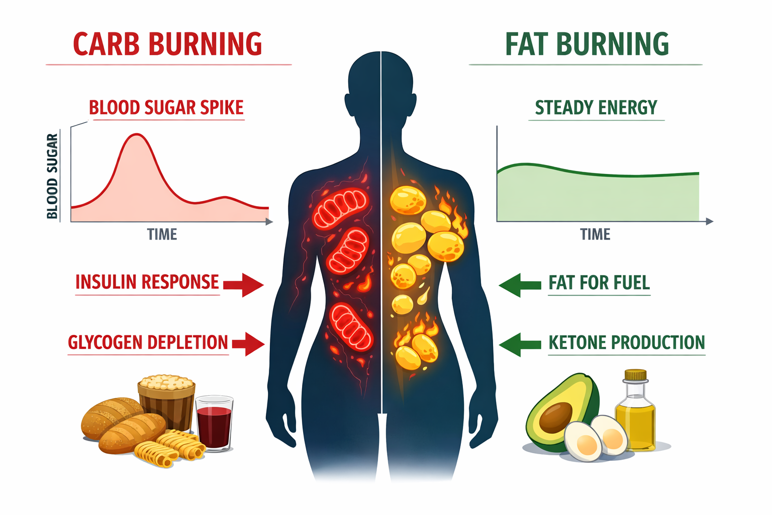 Detailed () editorial illustration showing a side-by-side metabolic comparison: left panel depicts a body fueled by