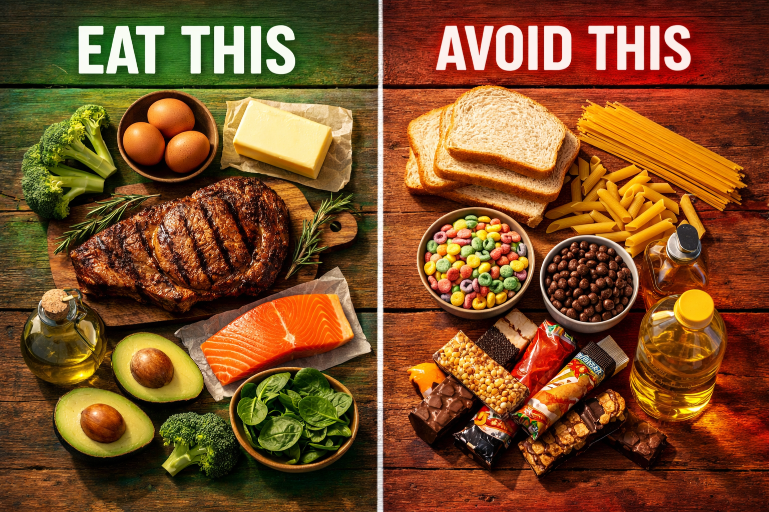 () overhead flat-lay food photography showing two distinct zones on a rustic wooden table: a green-lit 'Eat This' zone