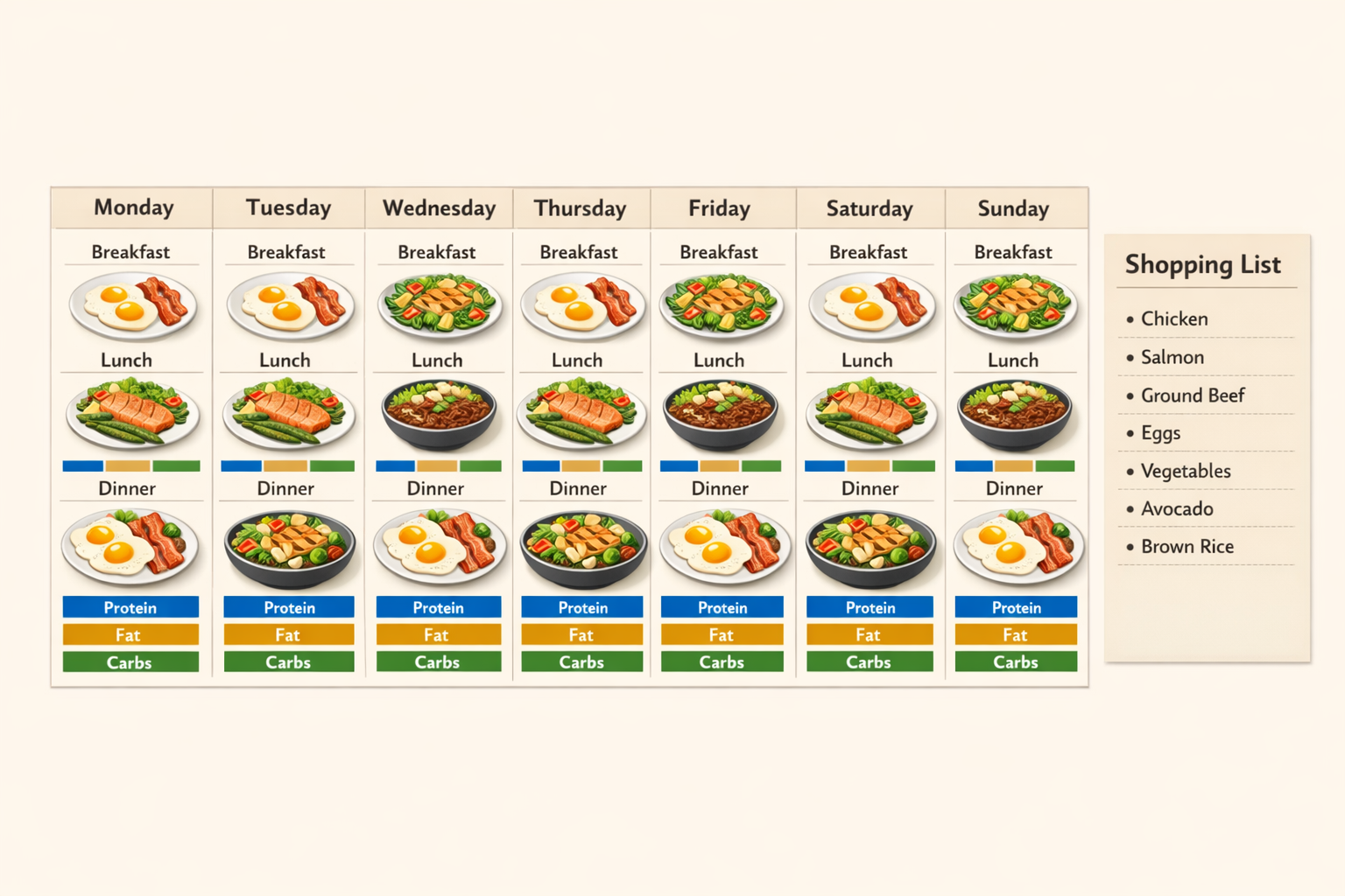 () clean weekly meal planning infographic laid out as a structured 7-day grid calendar on a cream background. Each day cell