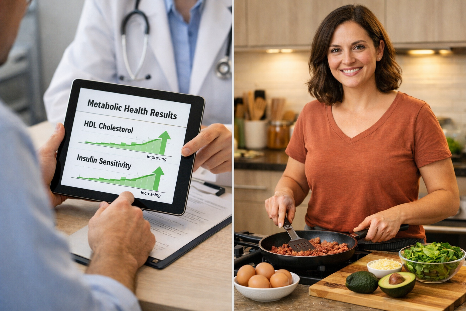 () split-screen editorial image: left side shows a person at a doctor's office reviewing metabolic health blood panel