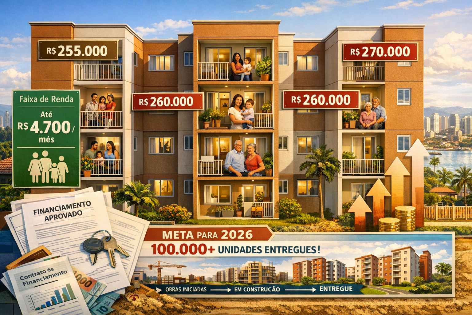 Detailed landscape format (1536x1024) visualization of affordable housing units in modern Brazilian residential complex. Shows cross-section