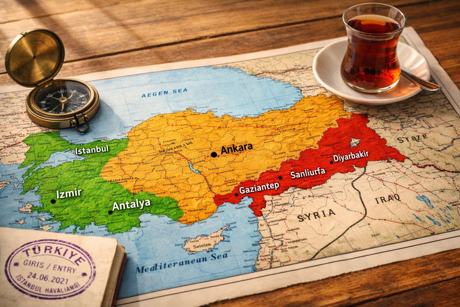 () editorial photograph of a detailed Turkey map laid flat on a wooden table with colored zone overlays: green highlighting