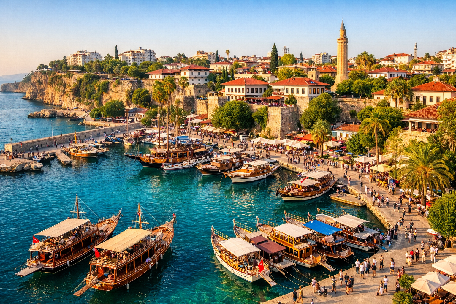 () vibrant aerial photograph of the Antalya old town harbor (Kaleici) at golden hour with turquoise Mediterranean water,
