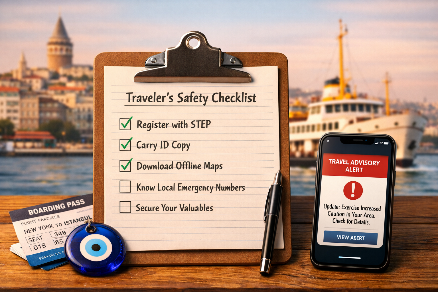 () conceptual travel safety infographic-style image showing a traveler's checklist on a clipboard in the foreground with
