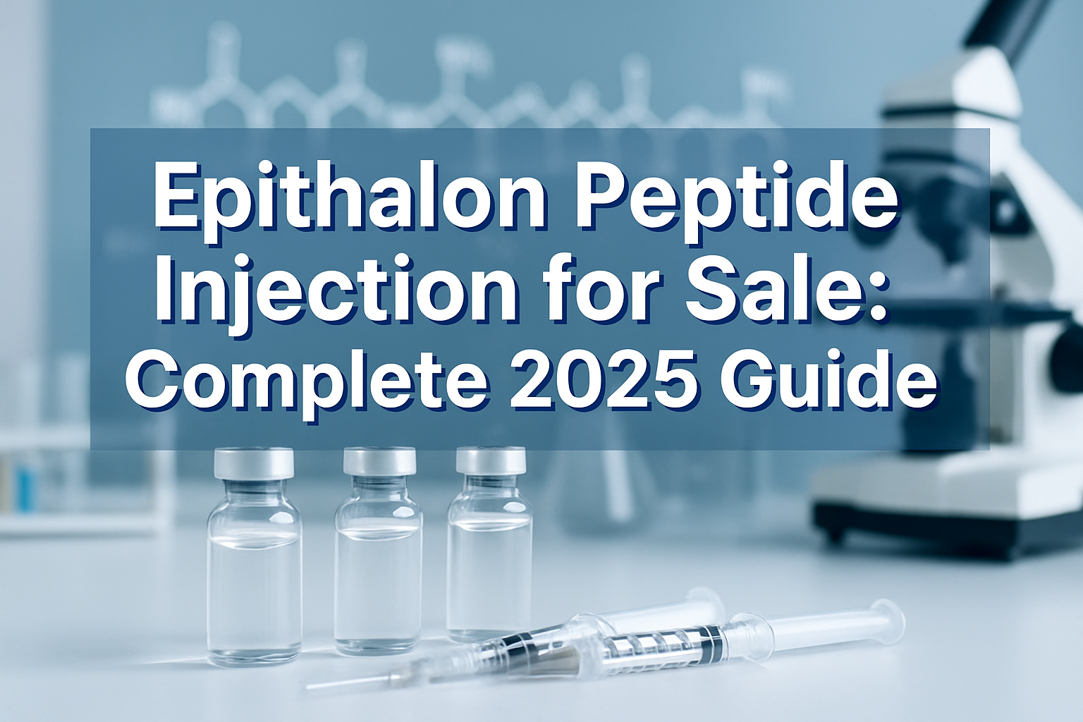 Professional landscape hero image (1536x1024) featuring bold text overlay 'Epithalon Peptide Injection for Sale: Complete 2025 Guide' in ext