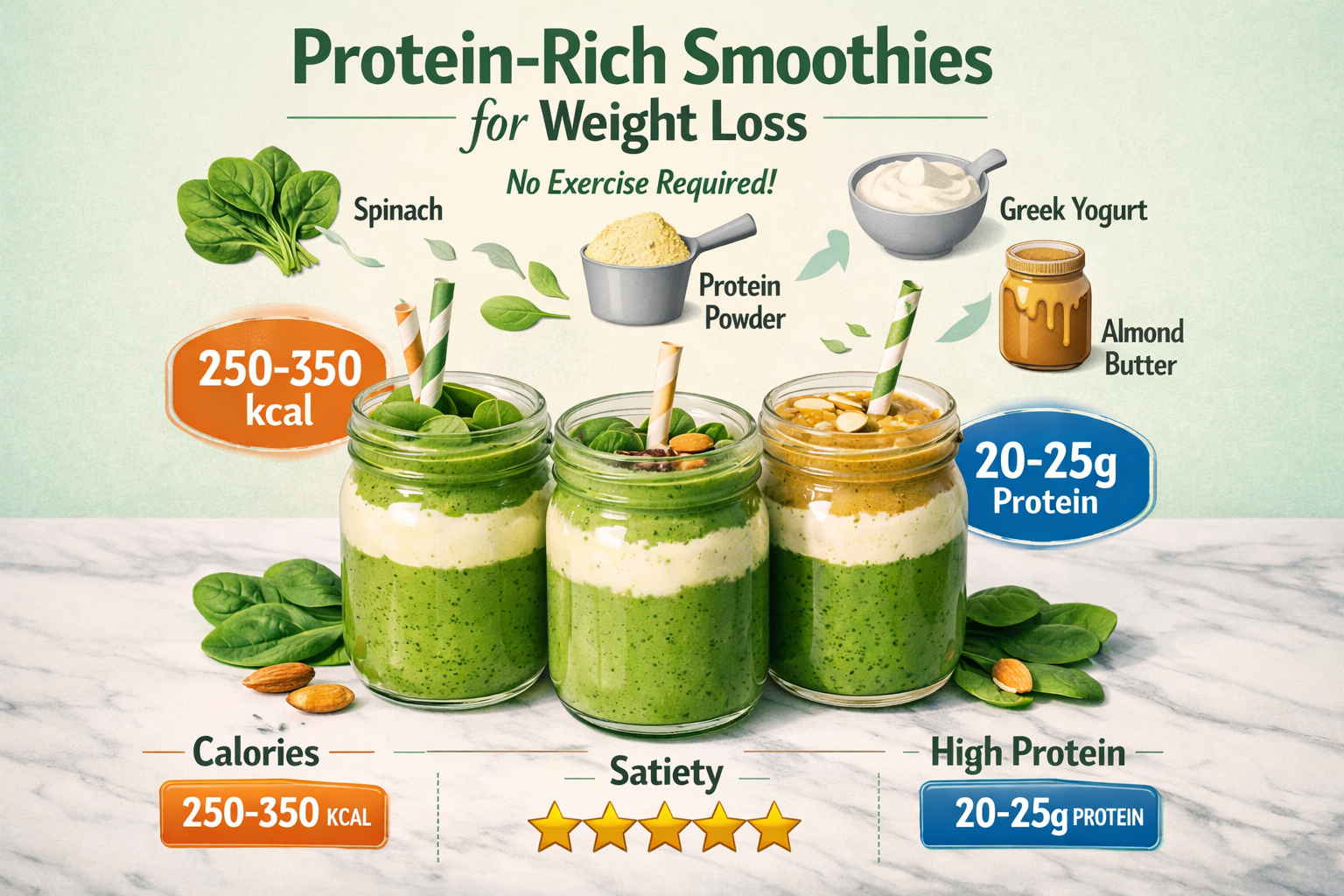 Detailed infographic-style image showing nutritional breakdown of protein-rich smoothies for weight loss, featuring three glass jars with la