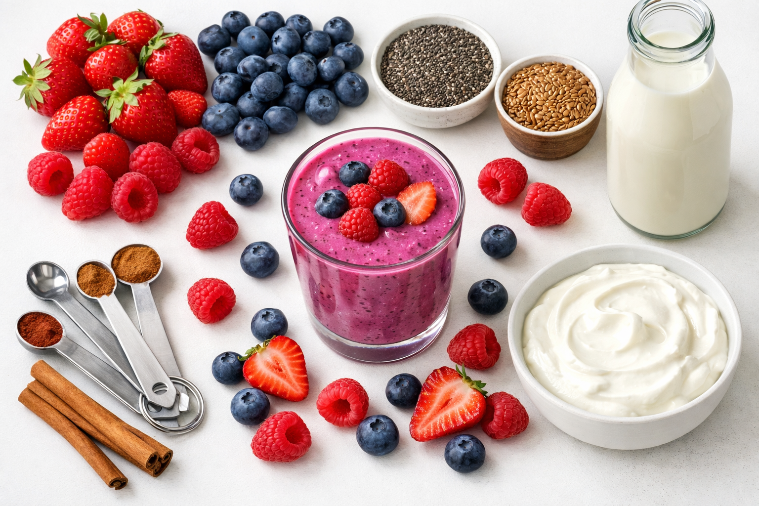 Vibrant flat-lay composition of berry-based smoothie ingredients arranged in organized sections on white background. Center features bright