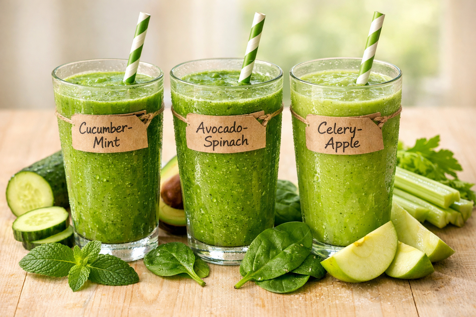 Close-up editorial image of three green detox smoothies in tall glasses with striped paper straws, positioned on light wooden surface with s