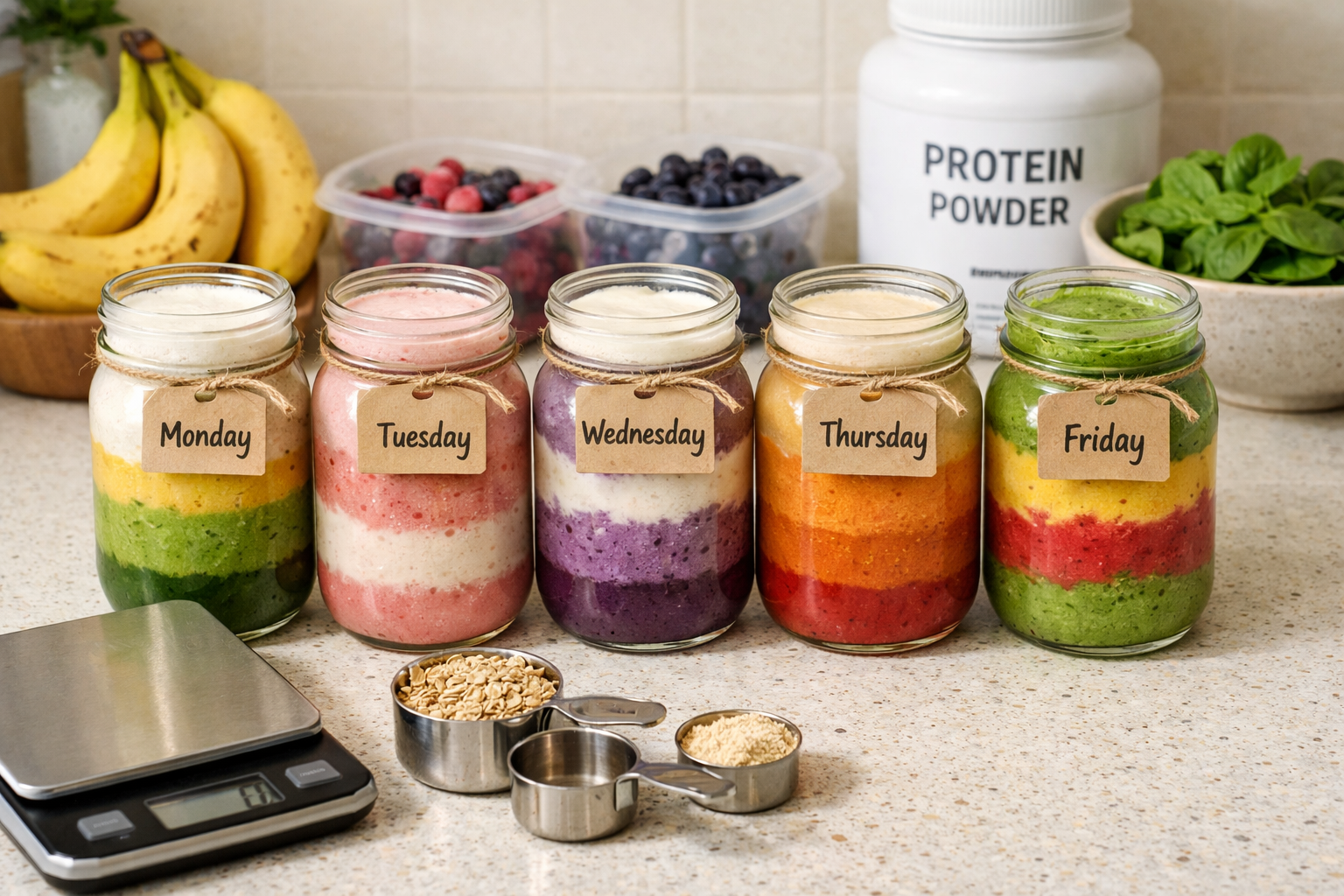 Practical meal prep scene showing five mason jar smoothies lined up on kitchen counter, each with different colored layers representing vari