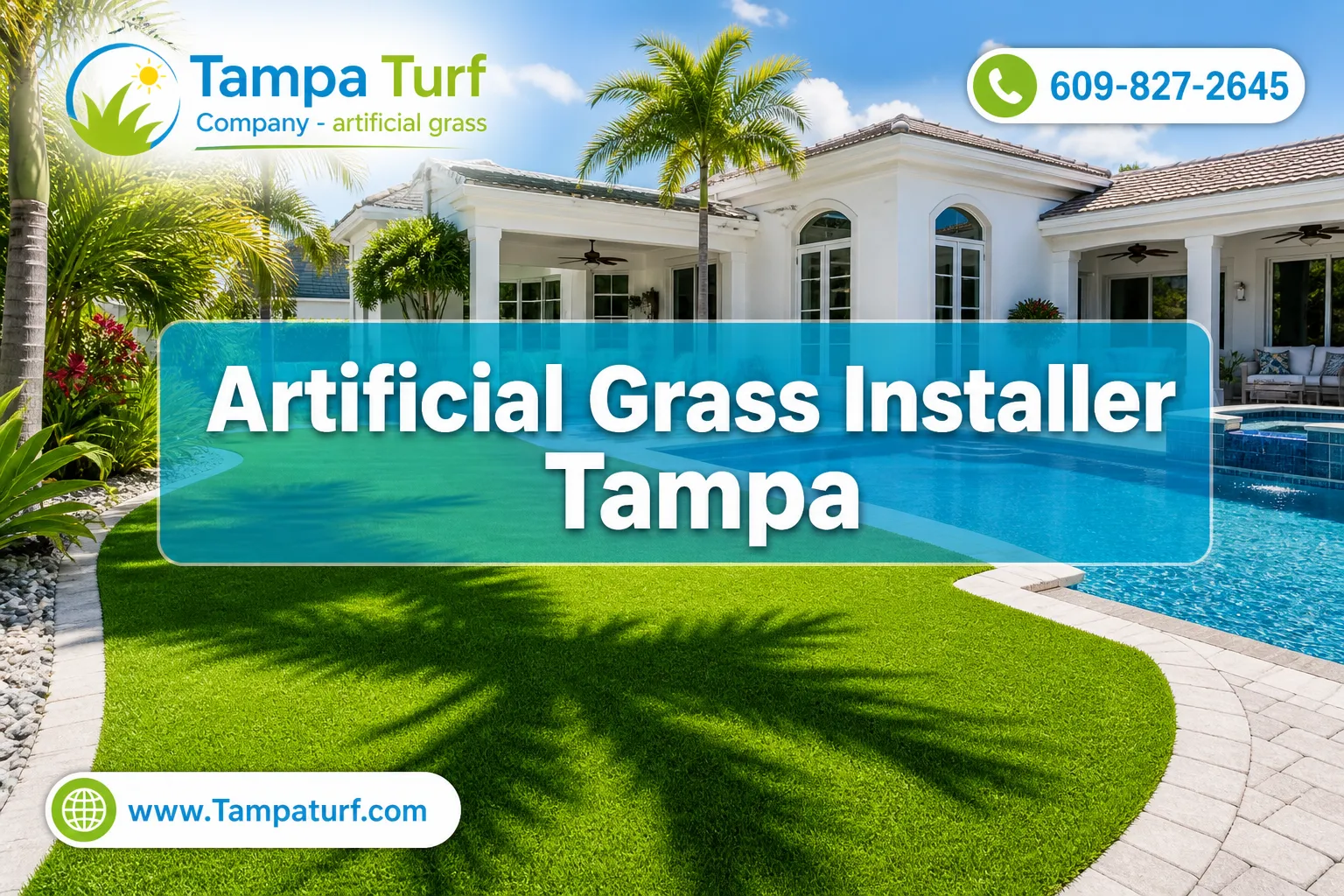 Professional () magazine-cover hero image with SHORT reading 'Artificial Grass Installer Tampa' on two centered lines, crisp