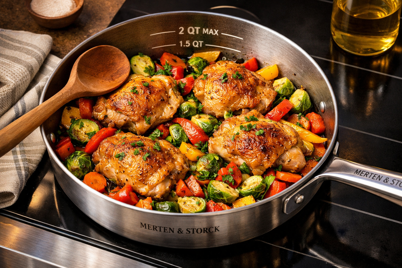 Detailed landscape format (1536x1024) image displaying overhead view of Merten & Storck saute pan filled with colorful one-pan meal: golden 