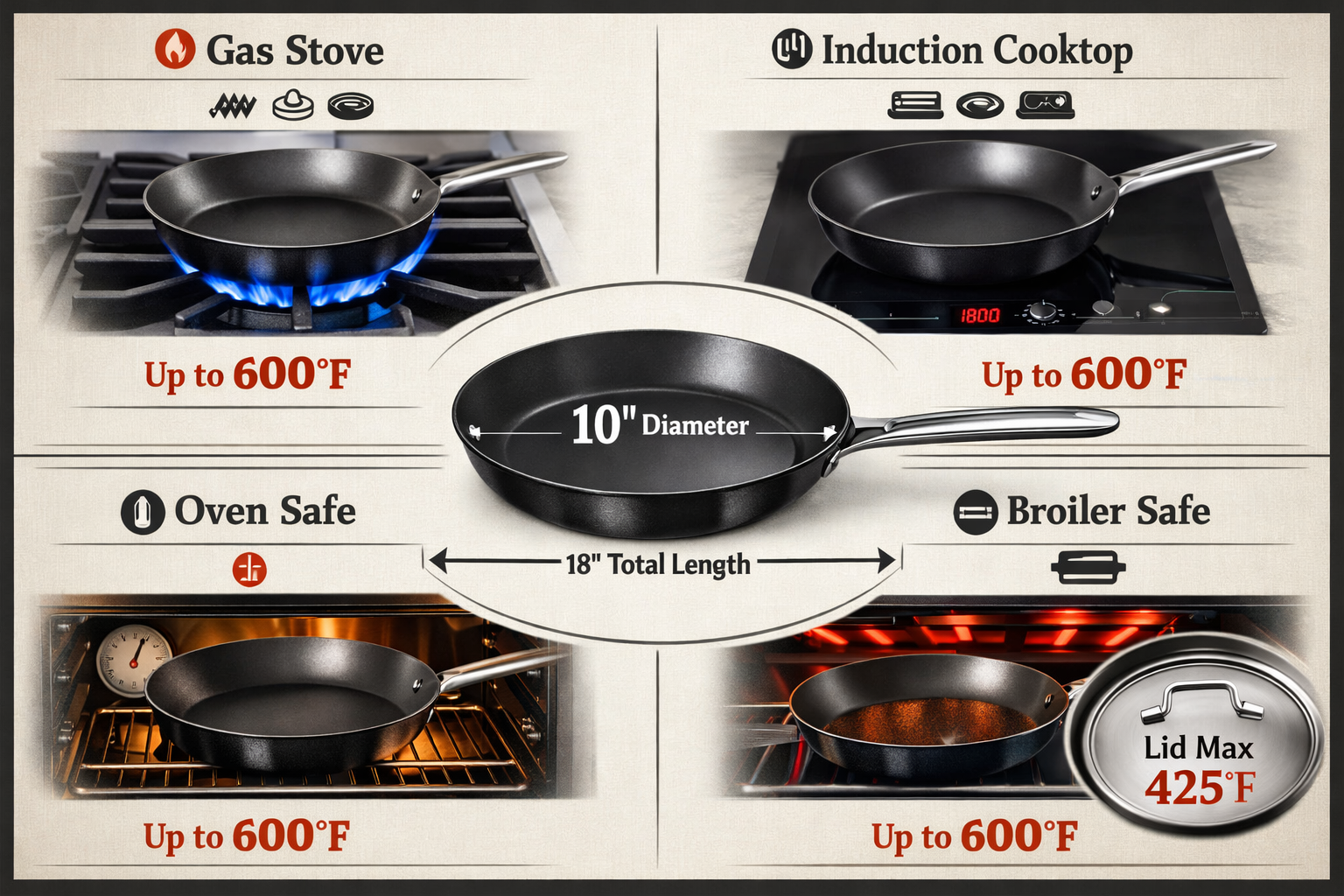 Detailed landscape format (1536x1024) comparison infographic showing Merten & Storck saute pan versatility across different cooking methods: