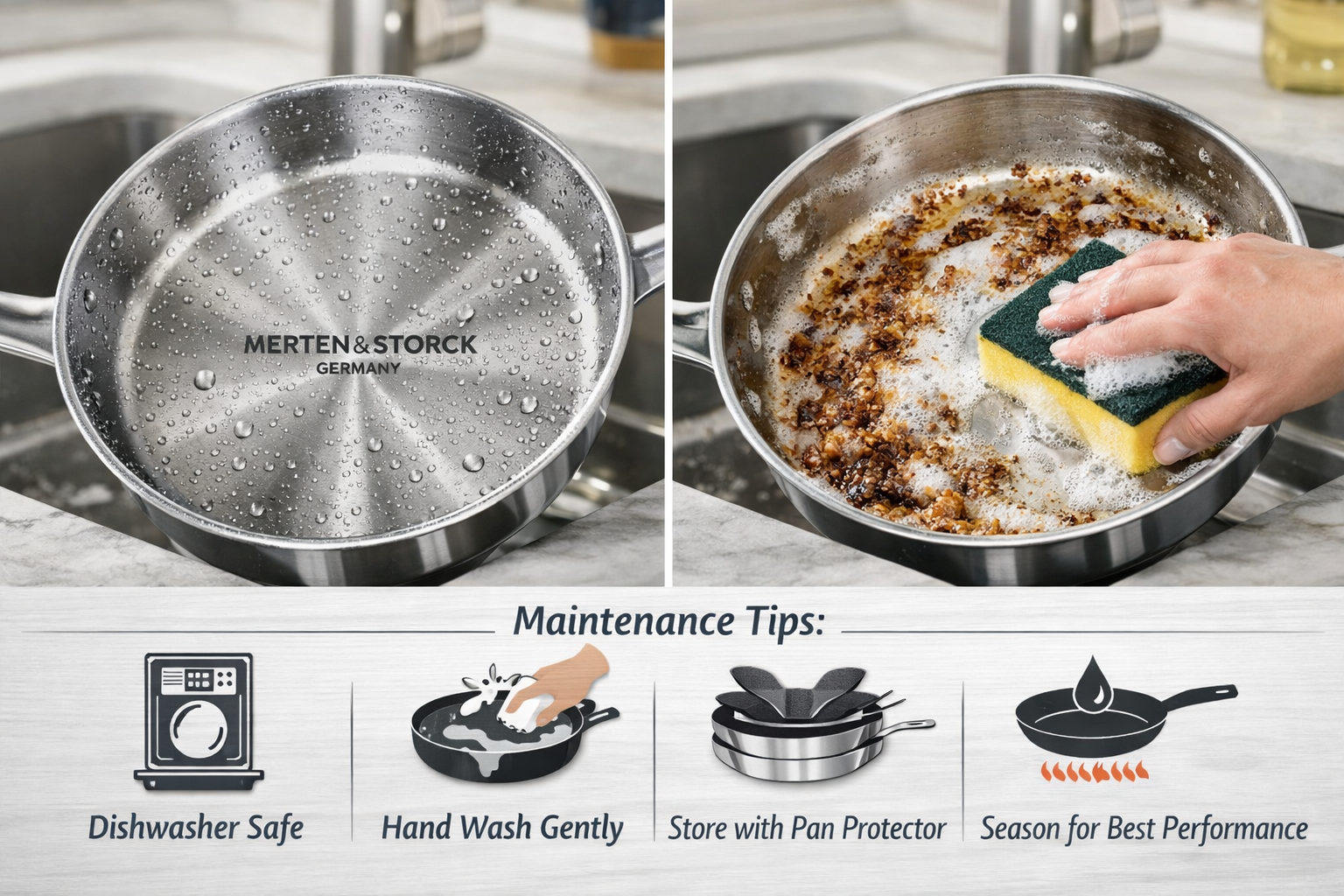 Detailed landscape format (1536x1024) image showing before-and-after care comparison: left side displays sparkling clean Merten & Storck sau