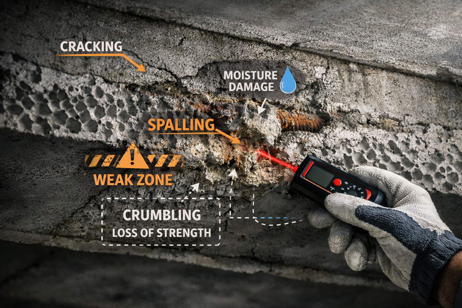 Detailed () image showing close-up cross-section view of RAAC (Reinforced Autoclaved Aerated Concrete) planks in building