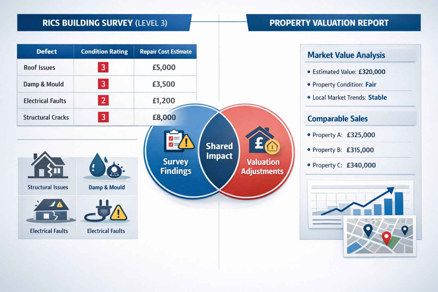 () infographic-style visualization comparing two property assessment documents side by side: left shows detailed Level 3