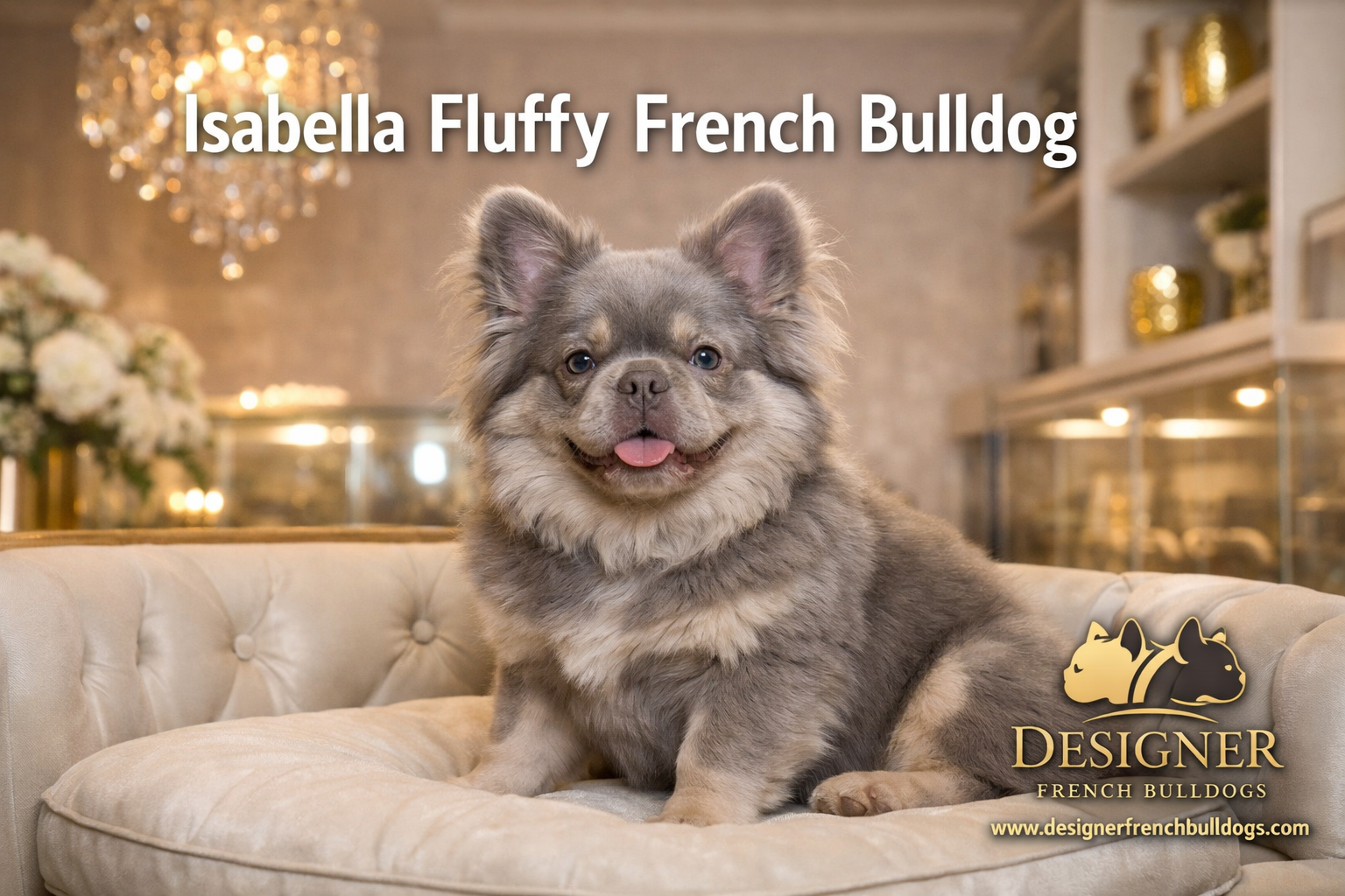 Professional landscape format (1536x1024) hero image featuring an adorable Isabella fluffy French Bulldog with distinctive lilac-gray coat a