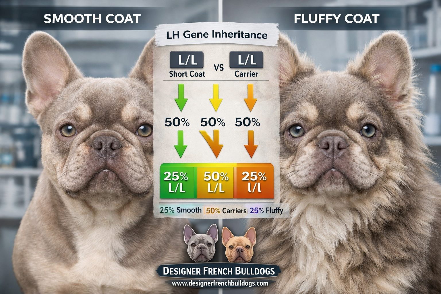 Detailed landscape format (1536x1024) image showing close-up of Isabella fluffy French Bulldog's unique coat genetics with split-screen comp